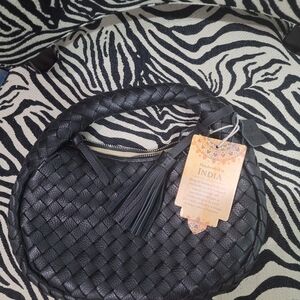 Tjmaxx Chic Black Woven Leather Top Handle